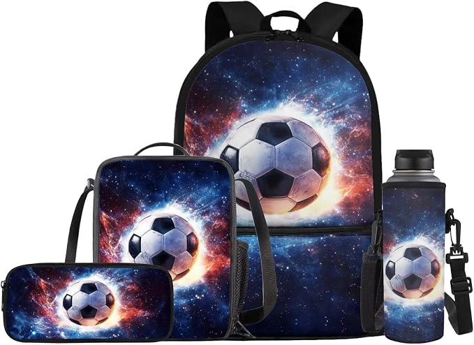 Soccer Backpack for Boys School Bag with Lunch Box Pencil Case Water Bottle Holder Set of 4 School Daypack Travel Bag Satchel Bagpack Back to School Supplies