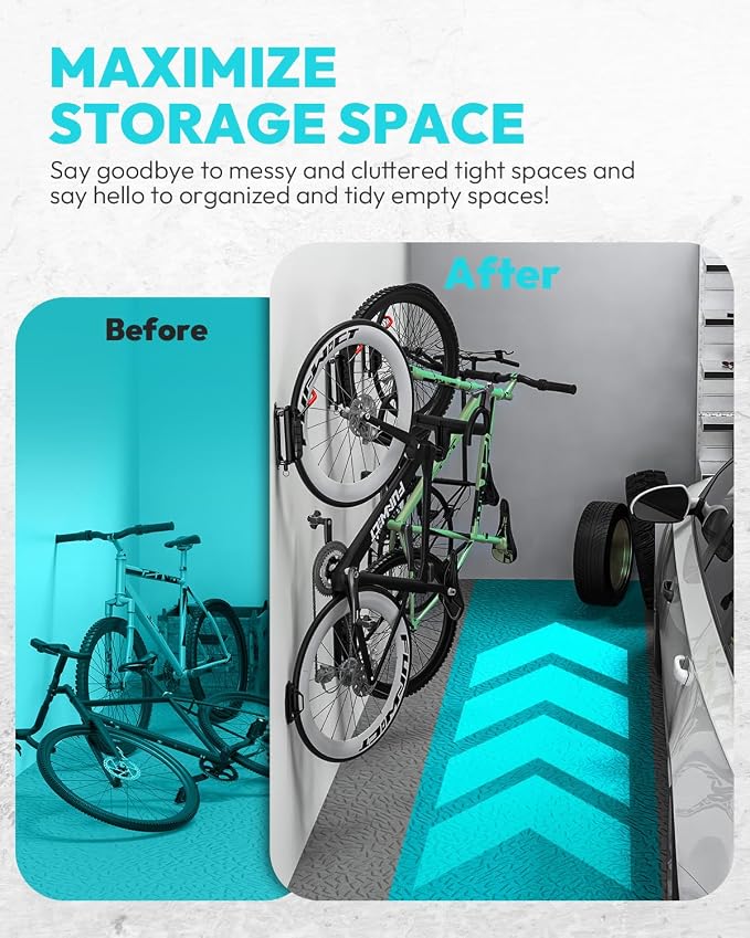 Swivel Bike Wall Mount Bike Rack Garage Organizer, Vertical Bike Hanger for Bicycle Rotating Wall Rack, Easy Installation with Wheel Hook (2 PACK)