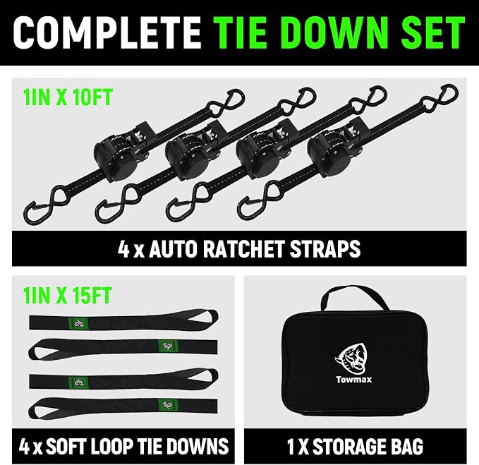 Retractable Ratchet Straps (Patented-4pack) - 1 inch x 10Feet (1,800lb Break Strength) Auto Self Retracting Tie Down Straps - Self Retractable Straps with Refletcive for Motorcyle, Truck or Cargo