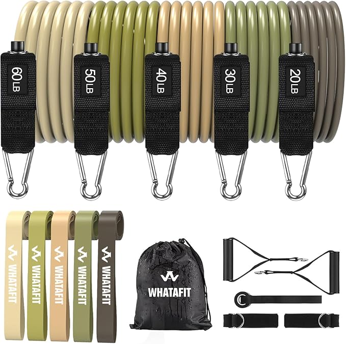 WHATAFIT Resistance Bands, Exercise Bands, Workout Bands with Handles, Door Anchor and Ankle Straps, 5 Resistance Levels Fitness Bands for Strength Training, Physical Therapy, and Home Gym Equipment