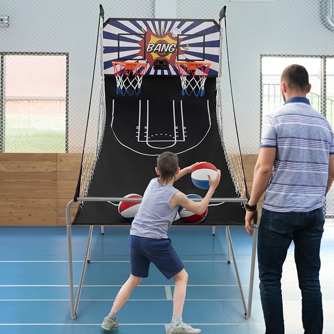 Giantex Folding Basketball Arcade Game, Dual Shot Electronic Basketball Hoop Arcade Game with 8 Game Modes, 4 Balls, 2 Hoops, Air Pump, LCD Scoreboard, Basketball Game for Adults, Kids