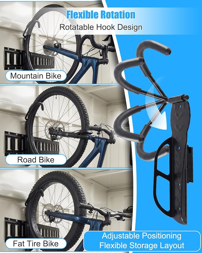 E Track Bike Wall Mount, Heavy Duty Steel Bicycle Hook for Garage Organization, Rotatable Rubber Coated Hanger Compatible with E-Track Rails, 2 Pack