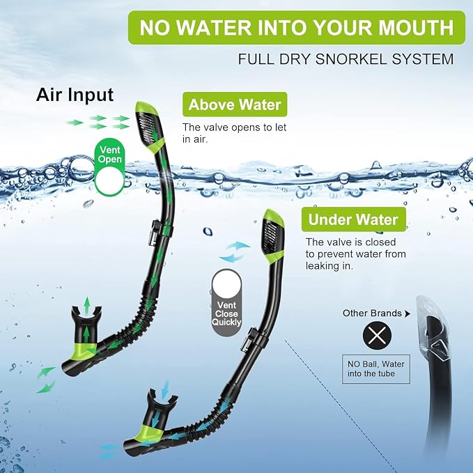 Odoland Snorkel Set, Adults Snorkeling Packages with Dry Top Diving Mask, Adjustable Swim Fins, Mesh Bag, Anti-Fog Anti-Leak Snorkeling Gear for Men Women