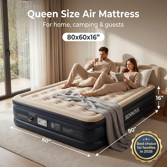 SENNOUL Air Mattress Queen with Built in Pump, Inflatable Mattress Blow Up Mattress 16 Raised Comfort,Upgraded Surface Portable Bed, Air Bed for Home, Guest, Camping, Colchone Inflable, 650 lbs