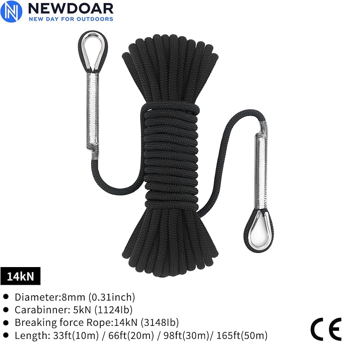 NewDoar 14KN Static Climbing Rope 8mm(5/16in) Accessory Cord Equipment 33FT(10M) 66FT(20M) 98FT(30M) 165FT(50M) Escape Rope with 2 Carabiners for Ice Climbing Equipment Fire Rescue Rope-Black/10M