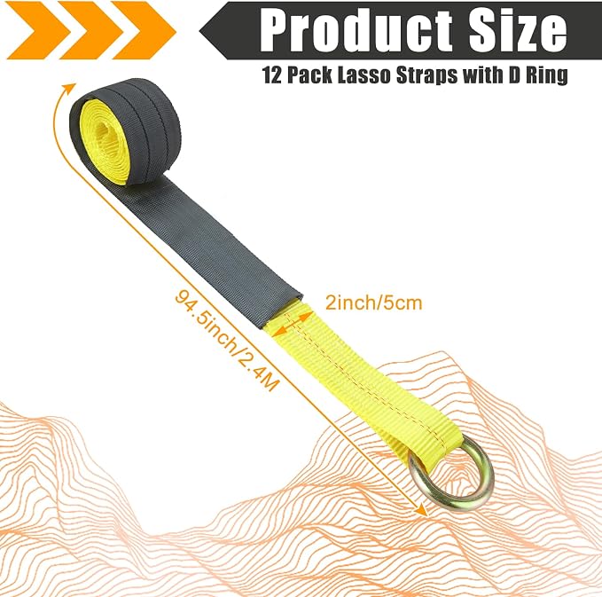 12Pack 2" x 8 Ft Lasso Straps with D Ring, D Ring Straps for Wheel Lift, Wrecker, Rollback, Tow Truck(11, 000 Lbs, Yellow)
