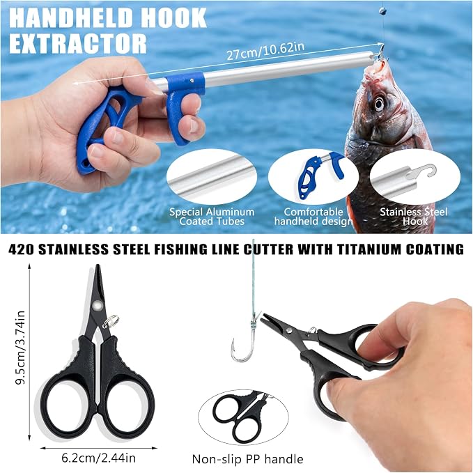 Fishing Tool Kit, 11 Pieces Fishing Gear, Fishing Pliers with Lanyard, Fillet Knife, Fish Lip Gripper, Fly Ice Fishing Hook Extractor, Anti-Cutting Gloves