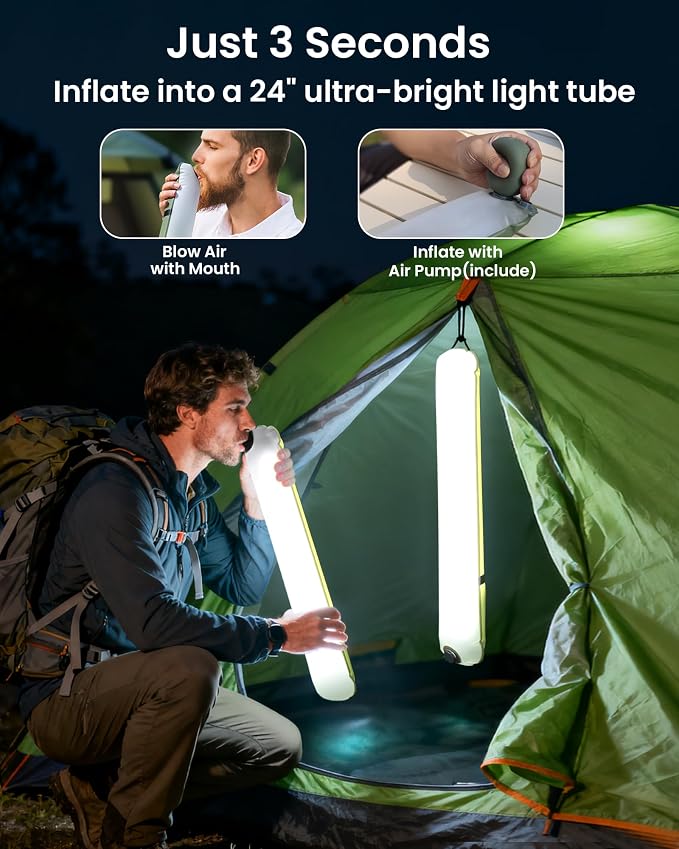 2 Pack 24" Inflatable Solar Camping Lantern, Magnetic LED Tube Light with USB-C 4000mAh Phone Charger,IP66 Waterproof TPU Tent Light for Hurricane Emergency, Backpacking & Off-Grid Survival