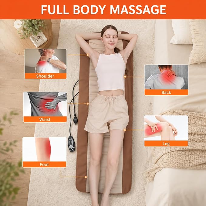 Full Body Massage Mat with Heat, Back Massager for Pain Relief Deep Tissue, Back Massage Pad with Lumbar Support Traction Device, 10 Vibration Motors & 5 Massage Modes, 2 Heating Pads for Back
