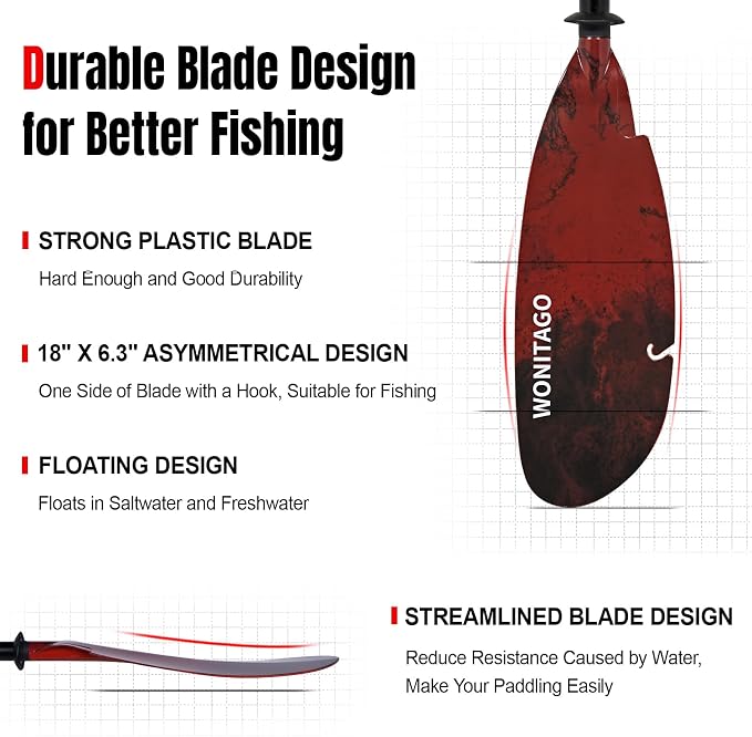 Angler Kayak Paddles Aluminum Paddle with Plastic Blades and Paddle Leash, Floating Adjustable Fishing Kayak Oars, 3 Piece, 230-250cm/90-98 inch