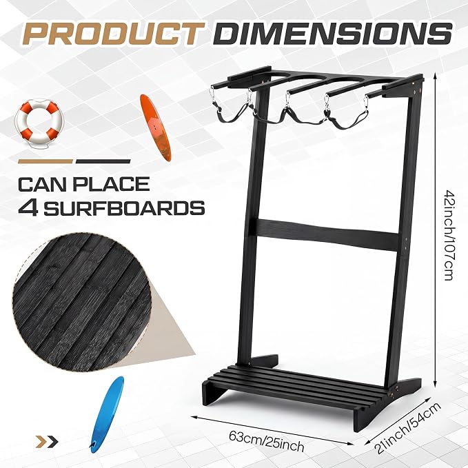 CroBlissful Surfboard Rack Freestanding Vertical Surf Board Stand for 4 Boards Bamboo Display Rack for Shortboard, Snowboard, Skateboard, Ski and Wakeboard