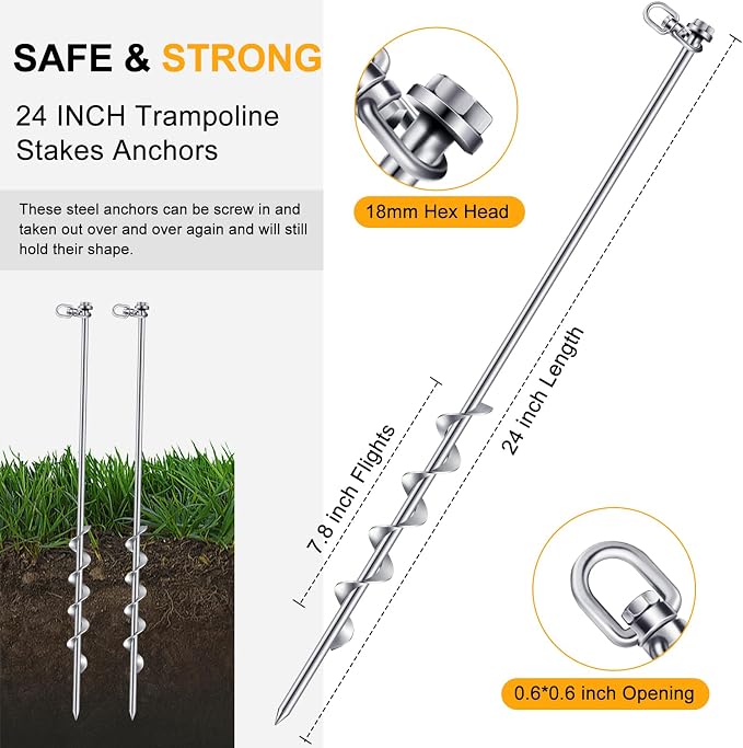 Hiboom 4 Pcs Ground Anchors with T Handle Hex Wrench Trampoline Hook, Ground Anchor Screw in Kit, Inflatable Outdoor Decorations Accessories for Camping Tents Car Ports Canopies (Silver,24 Inch)
