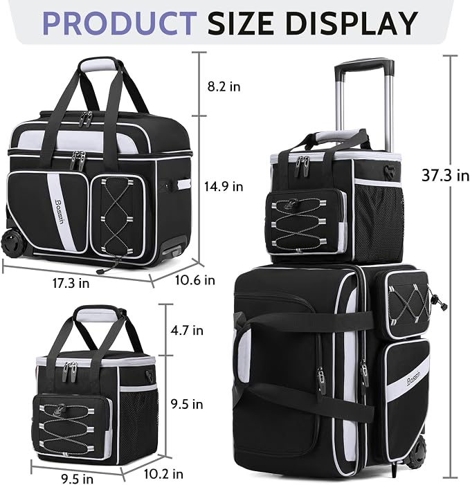BOSSTIN 3 Ball Bowling Bag with Wheels, 2 Ball Bowling Bags Double roller with 1 Ball Add On Bag, Multi-Pockets & Shoe Compartment (Fits Up to Size 15)