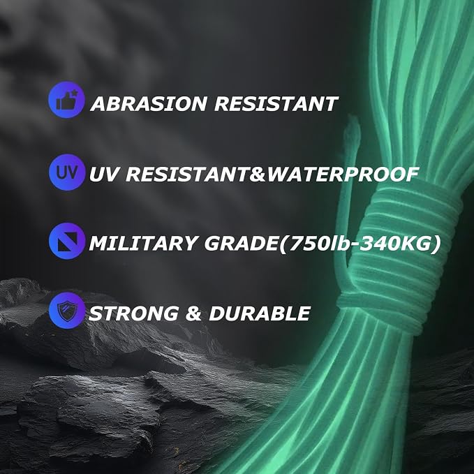 Paracordland-550LB Noctilucent Rope-100ft/500ft/1000ft 9 Strand Parachute Spool Cord for Military & Active Outdoors Camping Fishing,Survival Bracelet Tactical Parachute Paracord
