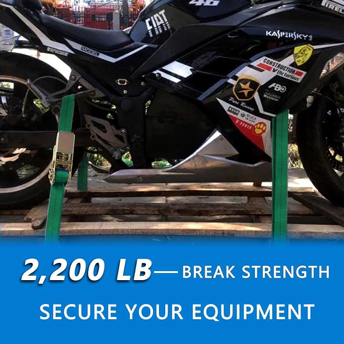 Ratchet Straps (4-Pack), 1 Inch x 16.4 Feet (2200lb Break Strength) with Sturdy Metal Hooks, 1x Work Gloves, Heavy Duty Tie Down Straps for Truck, Cargo Trailer, Motorcycle, Luggage, Moving (Green)