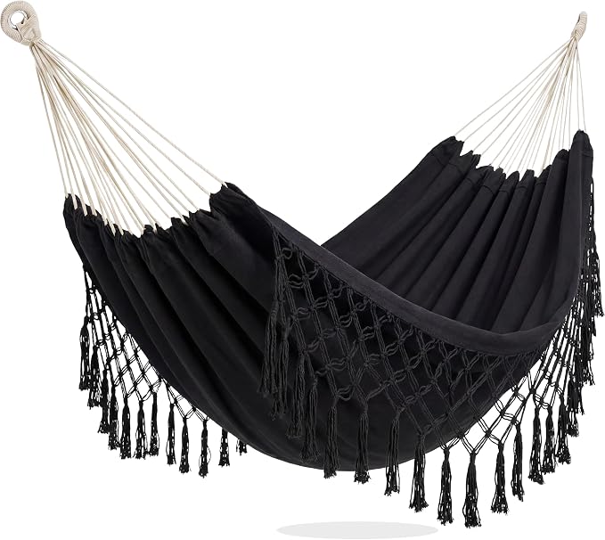 PNAEUT Double Hammocks for Outside, Replacement 2 Person Outdoor Tree Hammock for Indoor Patio Porch Garden (Tassel Black, Medium)