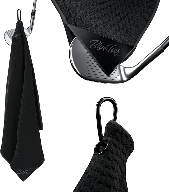 Blue Tees Golf Premium Magnetic Towel - Super Strong Magnet - Microfiber Waffle Design - Silicone Brush - Groove Cleaner - Bag Buckle