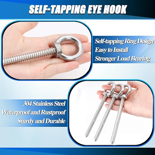 OHIYO 6.3 Inch Heavy Duty Eye Hooks M10 Self Tapping Eyelet Screw Load Capacity 850LBS Heavy Duty Screw in Eye Hooks for Hammock Stand, Swing Chair, Yoga, Heavy Indoor & Outdoor Uses (4Pack- M10)