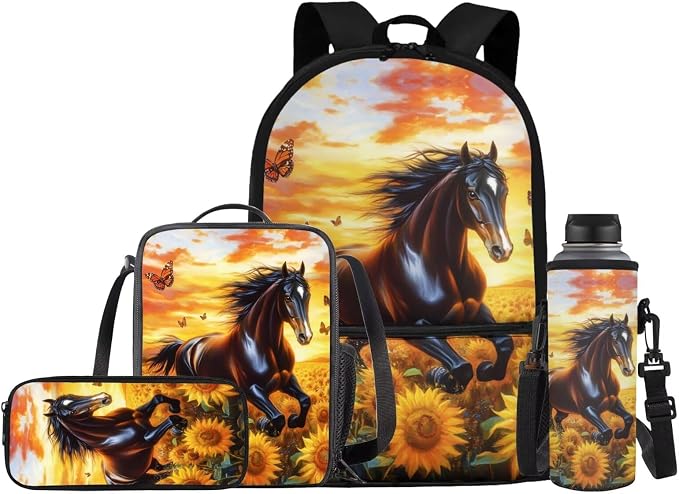Horse Backpack for Girls School Bags with Lunch Bag Pencil Case and Water Bottle Holder Sunflower Bookbag Purse Large Capacity School Supplies 4 in 1