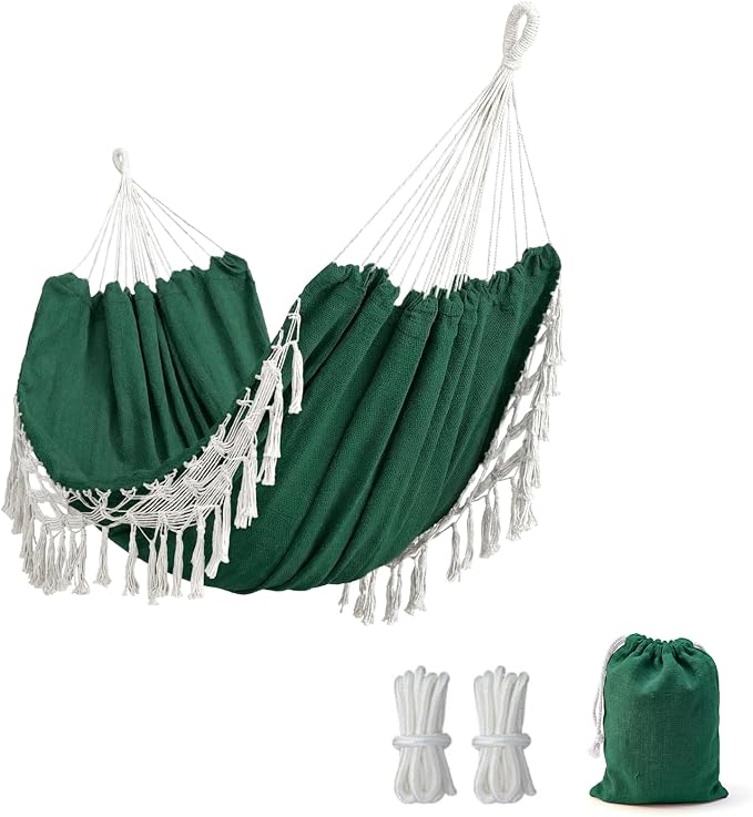 Double Boho Macrame Hammock with Elegant Tassels for Patio, Yard, Beach Wedding Decor, Outdoor and Indoor Up to 450lbs Include Tie Ropes and Drawstring Bag （Green）