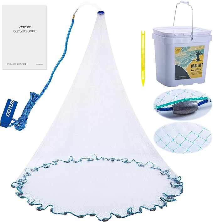 Goture American Fishing Cast Net Saltwater Freshwater, 3/8in Mesh Size Casting Net for Bait Fish Shrimp Trap, Dual Color Double Selvage Add Tape, Throw Cast Nets with Needle