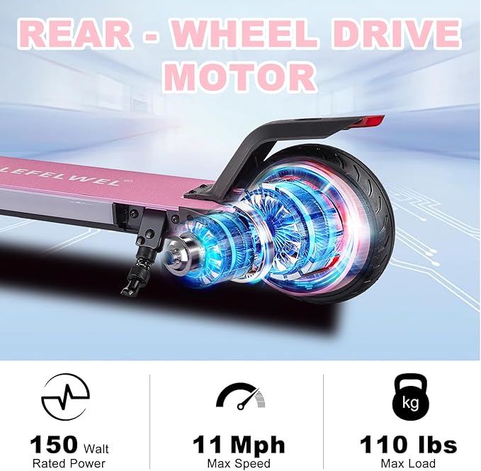 Electric Scooter for Kids Ages 6-12, 150W Motor, 4/7/11 Mph, 60 mins Ride Time, Adjustable Speed, LED Display, Colorful Lights, Electronic Brake, Foldable Kids Electric Scooter ，UL2272 Certified(Pink)