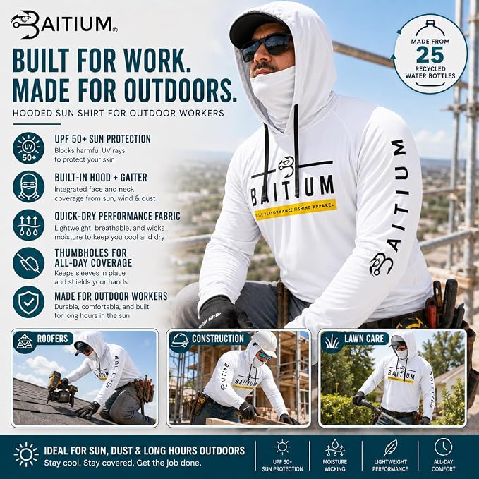 Fishing Shirts for Men,UPF50 Hooded Long Sleeve with Gaiter, Sun Protection Dry Fit Apparel, Face Mask, Fishing Clothes