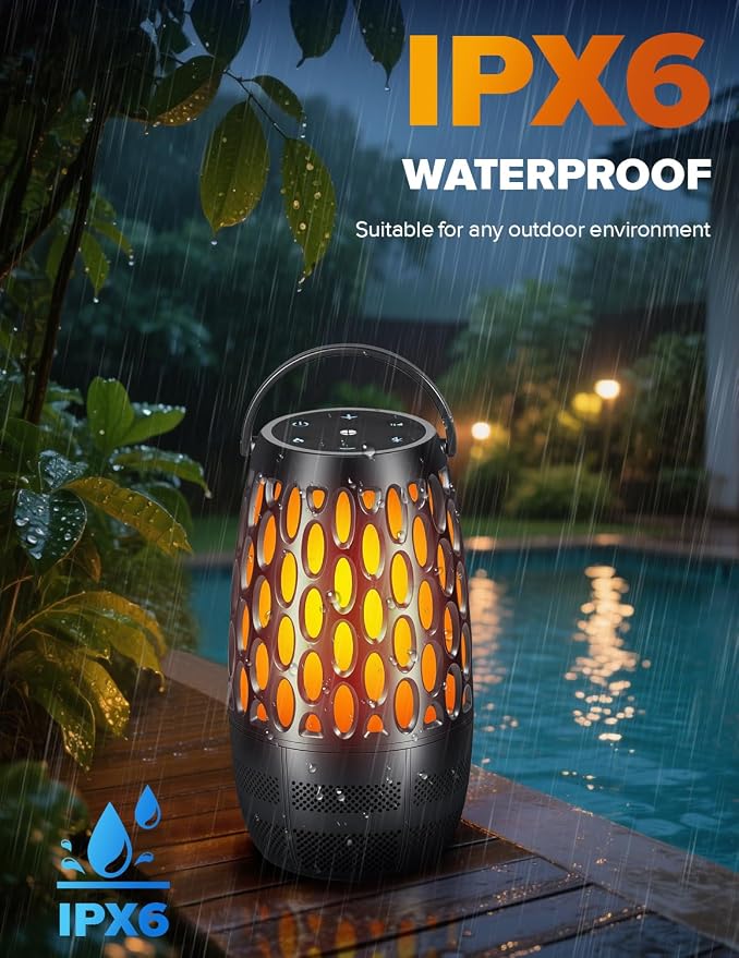 Upgraded Outdoor Speakers with Flame & RGB Lights, 10W HD Stereo, Bluetooth 5.3 Auto-Pairing, Multi-Sync 100+ Speakers, IPX6 Waterproof, Perfect for Patio, Pool, Party | Gifts for Men & Women(1Pack)