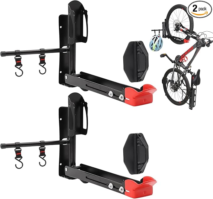 Bike Wall Mount Rack Adjustable & Foldable Garage Bike Rack with Swivel Design & 2 Storage Hooks, Fits 20"-29" Bikes, Holds Up to 77 lbs, Easy Install & Space-Saving Bike Storage 2 Pack