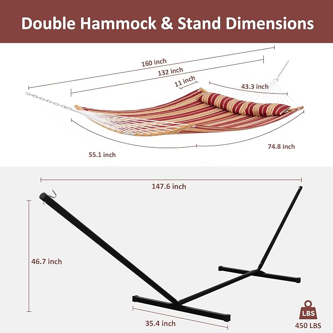 SUNCREAT Hammocks Portable Hammock with 12 ft Stand Included, Double Hammock with Curved Spreader Bar, Red Stripes