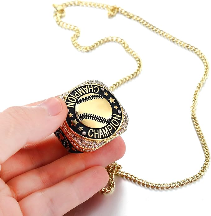 Highergo 1 PC Champion Mvp Rings Baseball Soccer Basketball Volleyball Football Softball Trophy Ring with Display Stand and Neck Chain Size 11 for Winner Tournament Award Gift(Baseball)