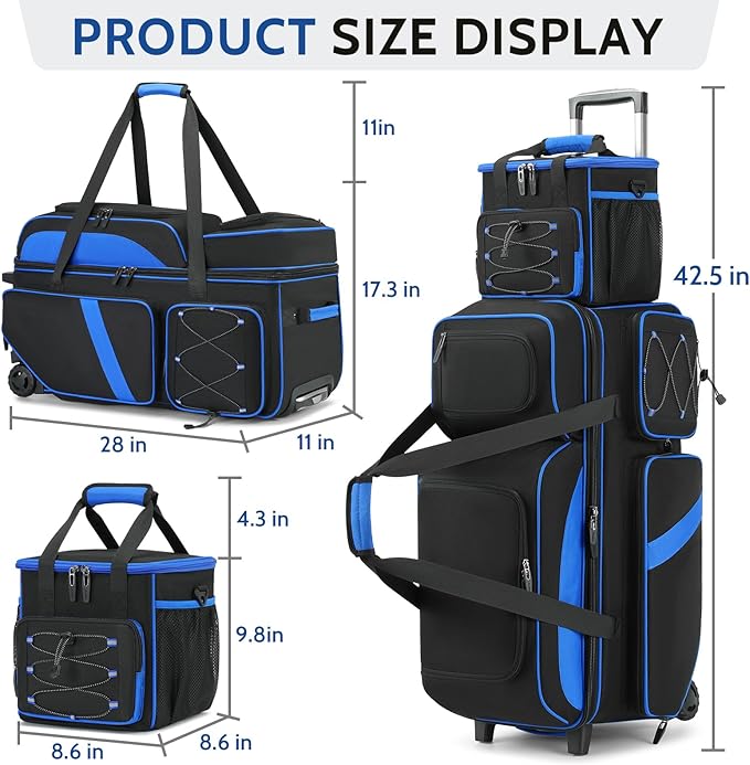 4 Ball Bowling Bag with Wheels, 3 Ball Bowling Bags Roller with 1 Ball Add On Bag, Multi-Pockets & Shoe Compartment (Fits Up to Size 16)