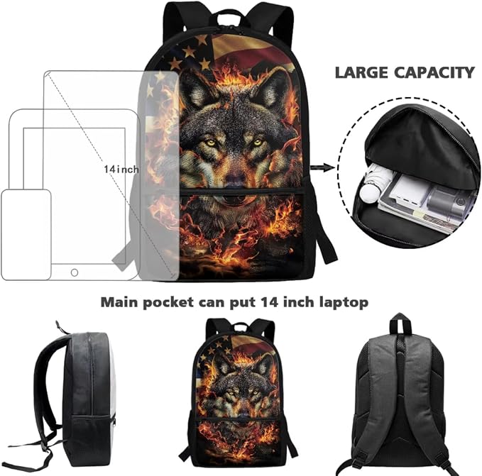 Fire Wolf Backpack for Kids School Bag for Boys Girls American Flag Bookbag and Lunch Box Set Pencil Case Water Bottle Holder 4 PCS Elementary School Accessories