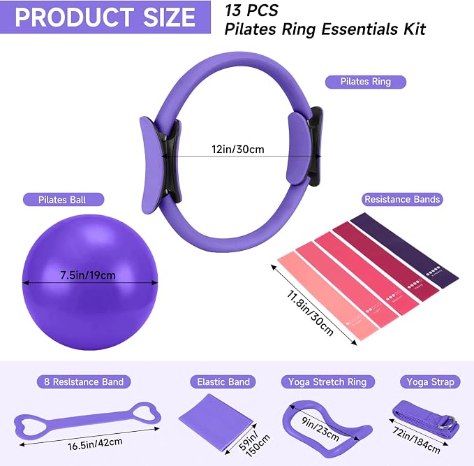 SANLIKE Home Pilates Essentials Kit for Women, Pilates Equipment Ring and Ball Set, 12'' Magic Circle, Yoga Ball,8 Resistance Bands Premium Accessories Kits for Starter Toning Workouts at Home