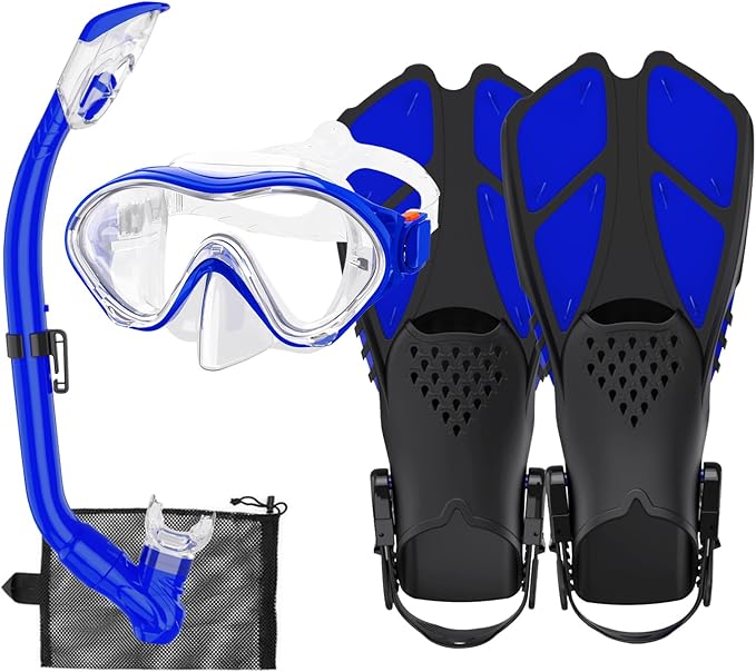 Snorkeling Gear for Kids with Foldable Silicone Full Dry Snorkel, Kids Snorkel Set Anti Leak Youth Junior Snorkeling Package Diving Mask Soft Tube with Mesh Bag Scuba Swimming Goggles