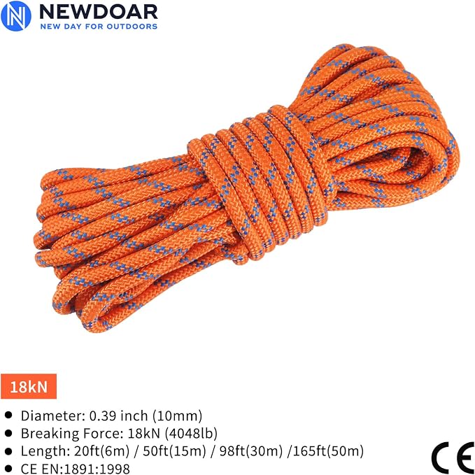 NewDoar 10mm(3/8inch) Accessory Cord Rope CE 24KN Double Braid Pre Cut for Outdoor Survival, Mountaineering, Prusik,Hauling Dragginge(Orange 10mm,50FT)