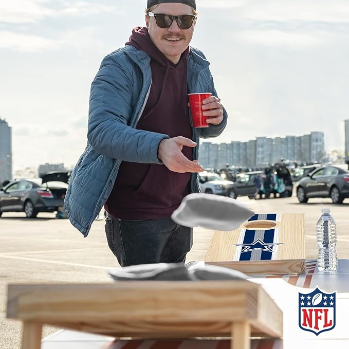 NFL Football Portable Size 1' x 2' Solid Wood Cornhole Set with Direct Print HD Team Graphics – Travel Size