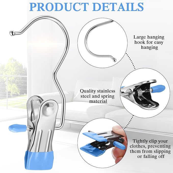Yinder 250 Pcs Boot Hangers Clips Laundry Hooks Hanging Stainless Steel Clothes Pins Portable Clip Hangers for Closet Travel Socks Pants Handbags Hats Towels (Blue)