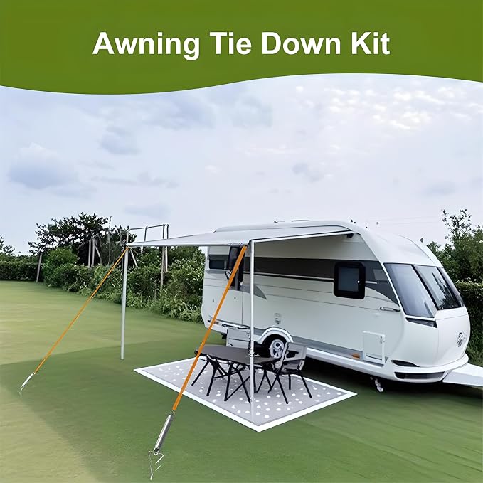 RV Awning Tie Down Kit, Campers Awning Anchors Accessories, Wind Protection RV Awning Anchor Kit, Includes Ratchet Strap, Buffer Tension Spring and Storage Bag for Most Campers Outdoor Camping