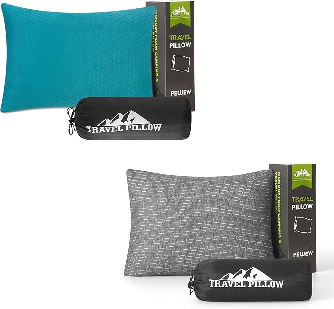 Travel Pillow Compressible Camping Memory Foam Pillow - Dark Grey M Size and Turquoise Blue M Size, Ideal Backpacking, Airplane and Car