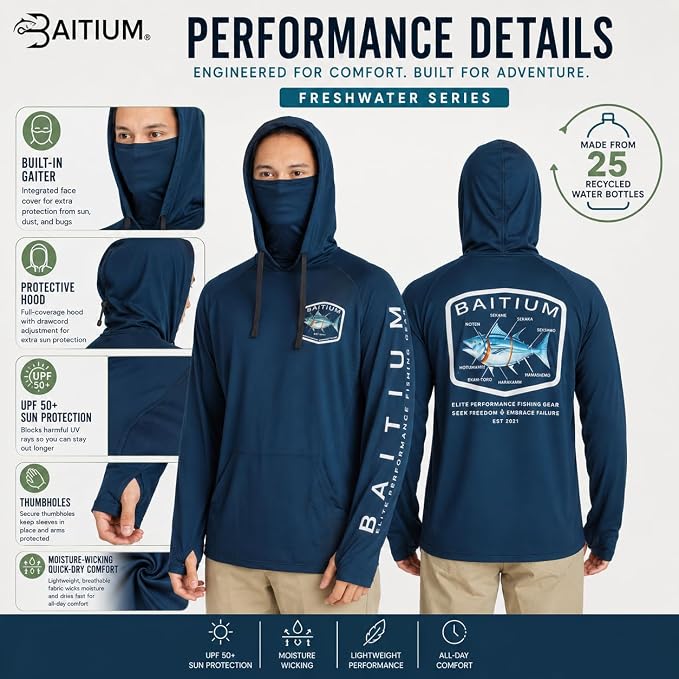 Fishing Shirts for Men,UPF50 Hooded Long Sleeve with Gaiter, Sun Protection Dry Fit Apparel, Face Mask, Fishing Clothes