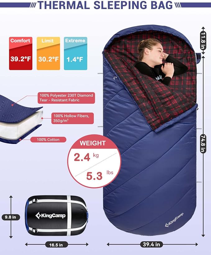 KingCamp Sleeping Bag for Adults Big and Tall, Cold Weather Camping Sleeping Bag with Soft 100% Cotton Flannel Lining, Portable Lightweight Outdoor Traveling & Car Camping