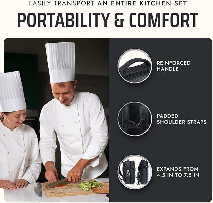 Asaya Chef Knife Backpack with 20-Pocket Knife Roll Bag - Over 30 Storage Pockets Chef Bag, Professional Backpack for Chefs and Culinary Students – Knives Not Included (Black)