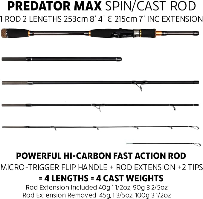 Rigged and Ready Predator Series Spin & Baitcast Travel Fishing Rods. Unique Spin Cast Micro Trigger. Compact Hi-Carbon Rods. 4 Rod Sections, 2 Tips, + case. Mobile Lure Rod Anglers. Fresh & Saltwater