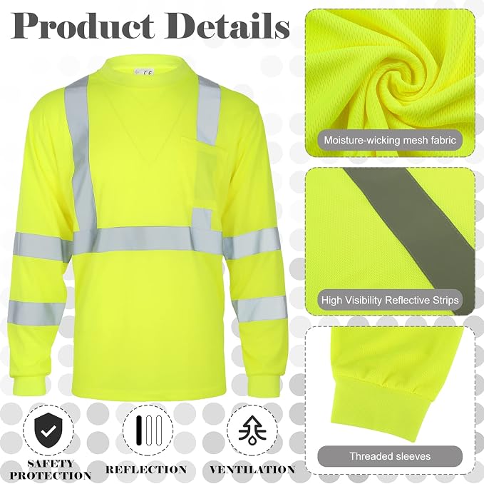 Amylove 4 Pcs Long Sleeve Safety Shirt High Visibility Reflective Construction Work Shirts for Men Women (L,Yellow)