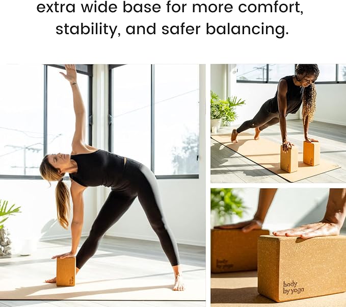 Cork Yoga Blocks 2 Pack – High Density Non Slip with Select Cork Grain for Chip-Resistant Durability | Extra Thick 4” for Support & Stability | Natural, Smooth, and Crumble Free | Body By Yoga