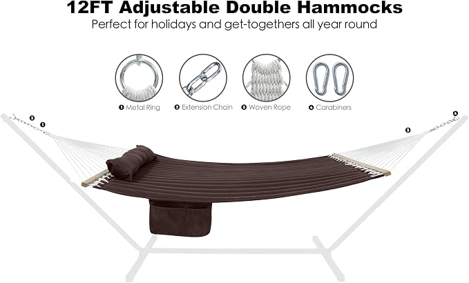 GAFETE Hammock 2 Person Quilted Fabric Hammocks for Outside, Double 12ft Hammocks with Spreader Bar, Large Removable Pillow, Storage Bag, Carabiners, Max 475 lbs Capacity (Coffee)