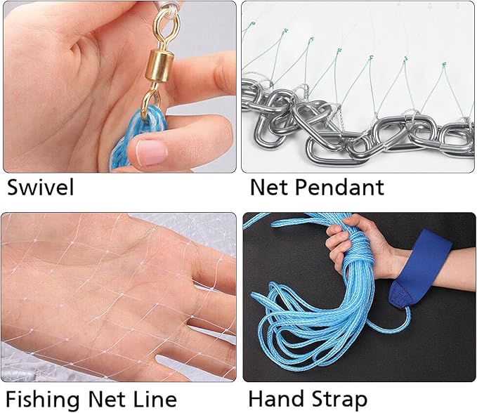 Lucky Monet 10/12/13.3/15ft Radius Large American Saltwater Fishing Cast Net for Bait Trap Fish, Easy Throw Thicken Nylon Line w/Upgraded Steel Chain Sinker, 5/8 Inches Mesh Size