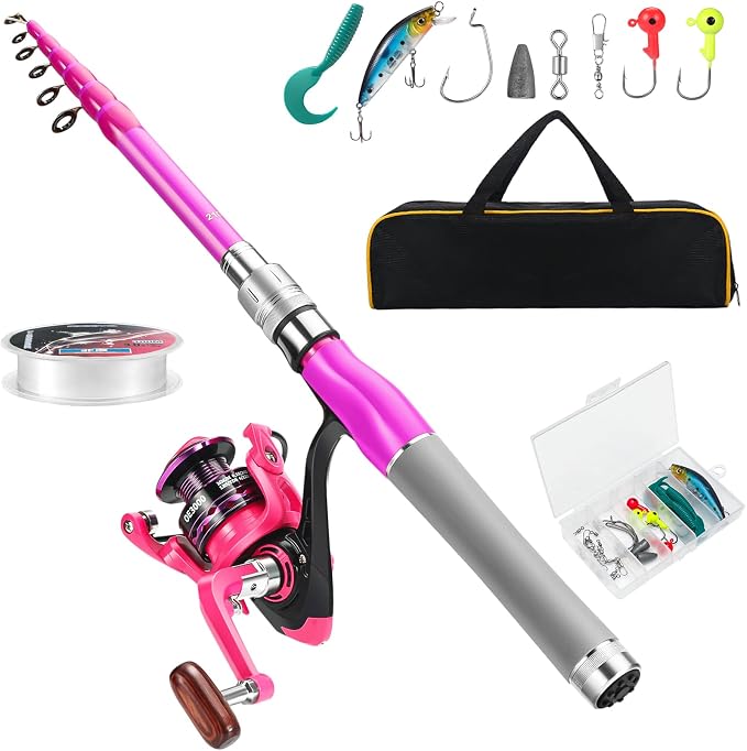 Fishing Rod and Reel Combos, Carbon Fiber Telescopic Fishing Pole Kit with Spinning Reel, Fishing Line, Fishing Lures, Travel Bag for Woman Girl Beginner Saltwater Freshwater