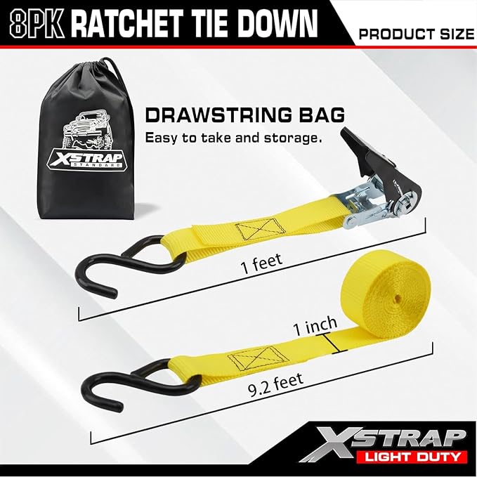 XSTRAP STANDARD 8-Pack Ratchet Tie Down Straps, 1" x 10ft, 900lb Break Strength Heavy Duty Straps for Motorcycles, ATVs, Lawn Equipment, Appliances & Truck Cargo - Yellow